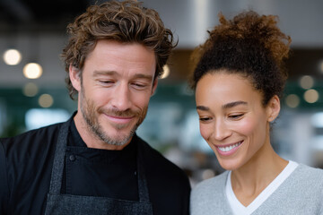 Chef and manager smiling and discussing in restaurant kitchen