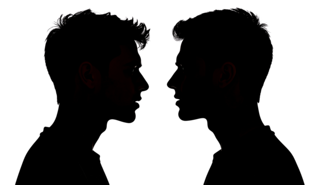 Two people silhouette face to face, showing internal conflict or dialogue, isolated on transparent background