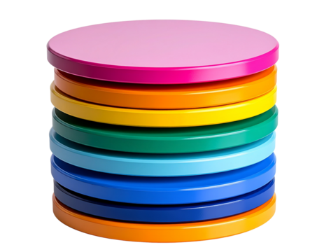 Floating stack of multicolored geometric discs, isolated on a transparent background