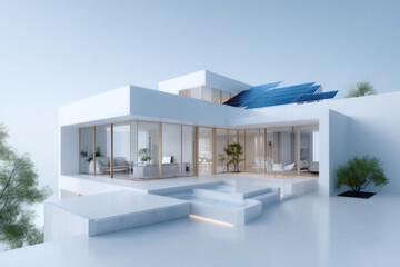 Modern white villa embracing sustainable living with solar panels