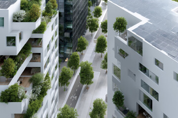 Modern green buildings with solar panels and lush gardens promoting sustainable urban living
