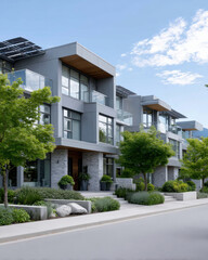 Fototapeta premium Modern townhouses with solar panels embracing sustainable living