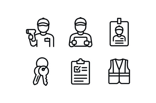 straight perfect out stroke icon mono icons style isolated warehouse clerk handheld scanner warehouse clerk inventory tablet warehouse clerk badge ID card warehouse clerk key ring warehouse