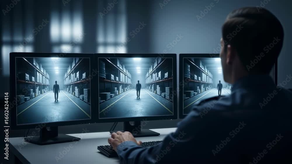 Poster monitoring of shadowy corridors and empty warehouse aisles through security footage reflecting tensi