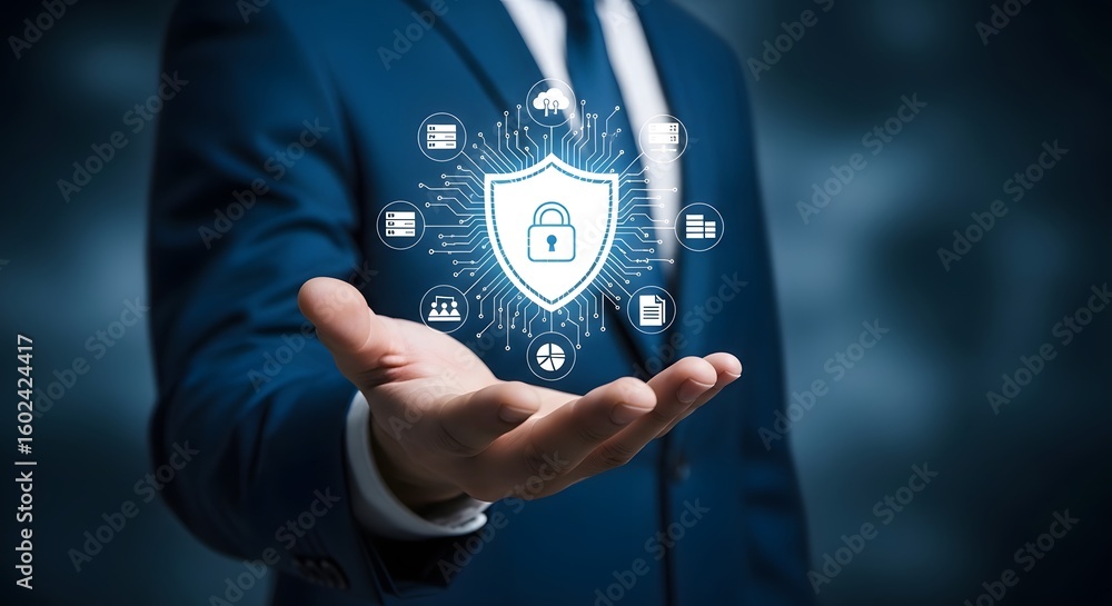 Aufkleber get advanced cyber security solutions with this businessman presenting a digital shield with a padlo