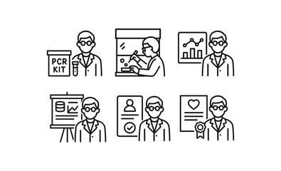 straight perfect out stroke icon mono icons style isolated medical researcher PCR kit medical researcher cell culture hood medical researcher statistical software license medical researcher