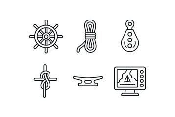 straight perfect out stroke icon mono icons style isolated sailing dder assembly sailing jib sheet rope sailing tacking block pulley sailing knot guide sailing deck cleats sailing GPS chart