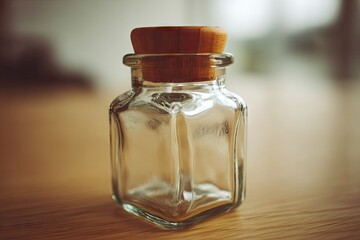 Clear square glass jar with wooden lid on a light wooden surface