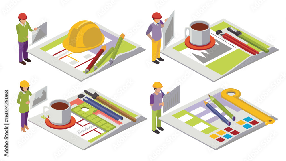 Poster isometric view of architects with hard hats reviewing blueprints with tools and coffee cups on table