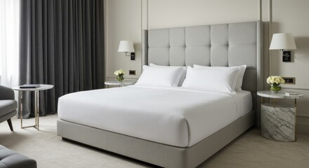 A luxurious hotel bedroom features a large bed with a button-tufted headboard. Side tables, flowers, and lamps flank the bed