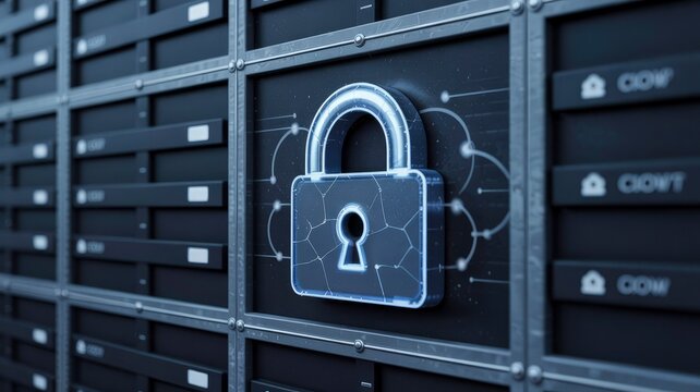 Cyber Security Data Protection and Network Safety with Padlock on Server Rack