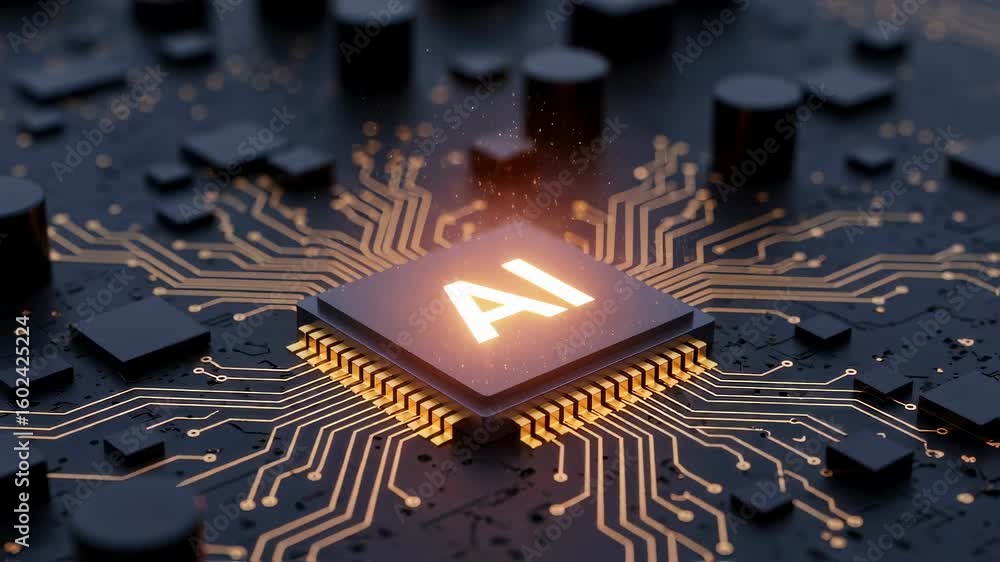 Aufkleber digital innovation concept featuring glowing ai chip embedded in modern circuitry design.