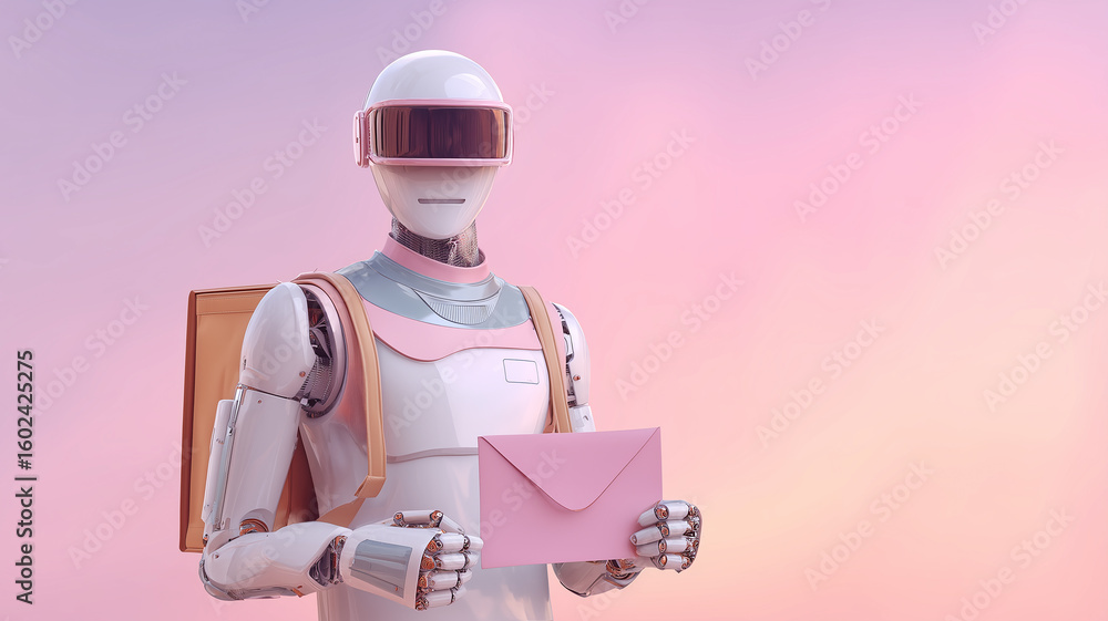 Poster this futuristic robot holds a package while standing against a vibrant sunset backdrop.
