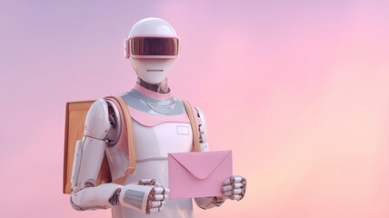 Naklejka premium This futuristic robot holds a package while standing against a vibrant sunset backdrop.