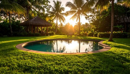 Fototapeta premium Tranquil sunset at a tropical villa with pristine pool and lush palm trees offering serenity