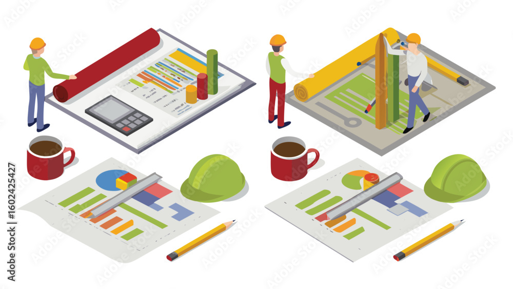 Poster isometric view of architects reviewing blueprints with coffee and hard hats on drafting tables