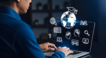 Online learning and education concept with virtual icons on laptop screen for digital transformation, global connectivity, and modern student experience