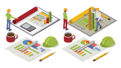 Isometric view of architects reviewing blueprints with coffee and hard hats on drafting tables