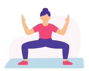 Woman in goddess yoga pose flat vector. Flat design goddess pose yoga woman. Minimal yoga goddess pose illustration.