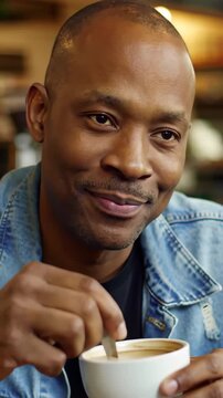 A Close-Up of a Relaxed Man Enjoying a Moment of Peace While Stirring a Cappuccino or Latte in a Coffee Shop, Perfect for Commercials about Taking a Break