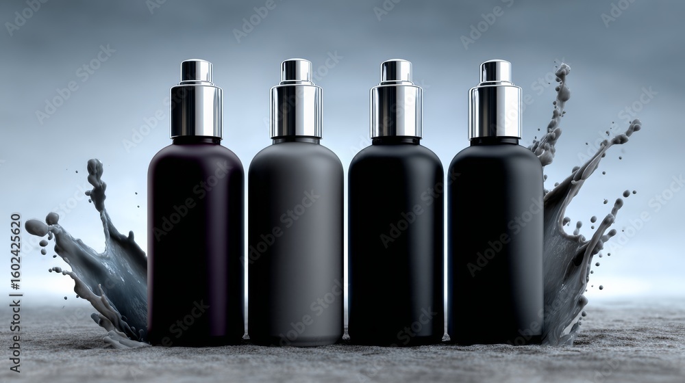 Poster four black bottles of perfume are lined up next to each other. the bottles are all the same color an