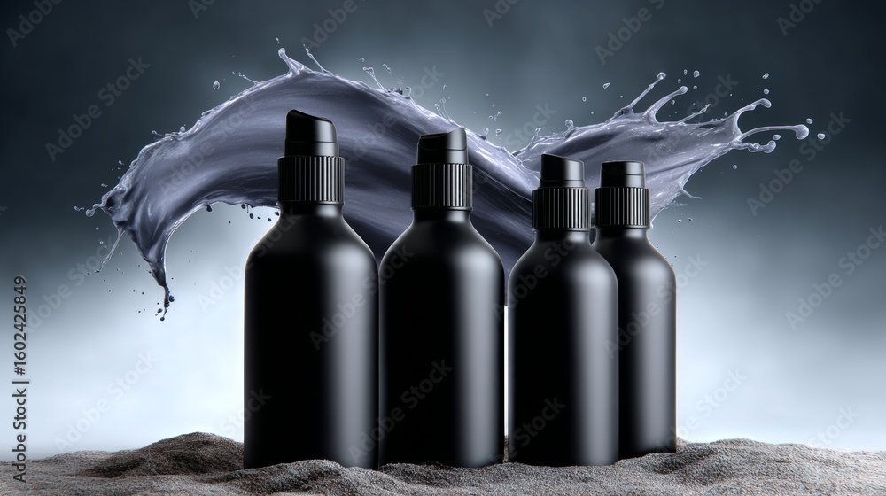 Poster group of five black bottles are lined up on a sandy surface, with a splash of water in the backgroun
