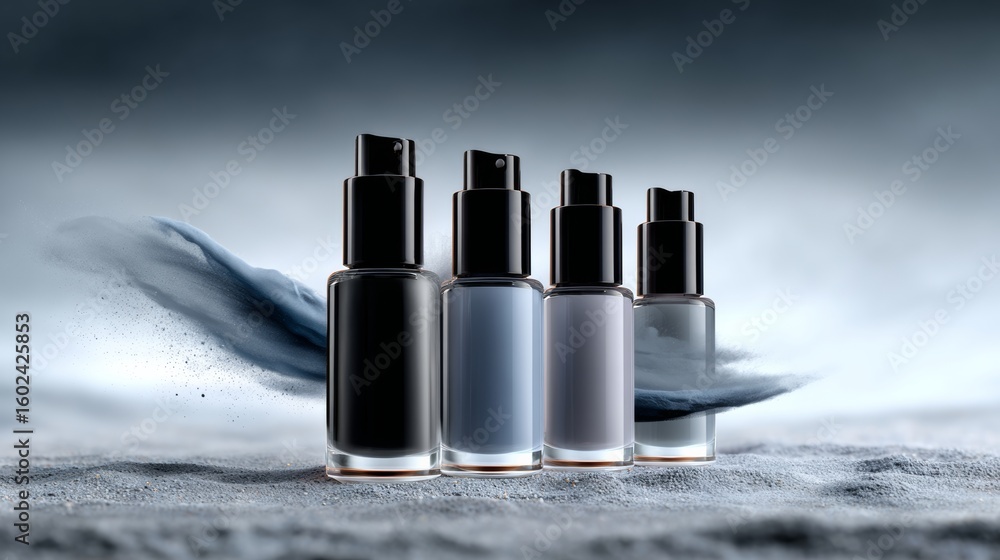 Poster four bottles of perfume are lined up on a rocky beach. the bottles are all different colors and size