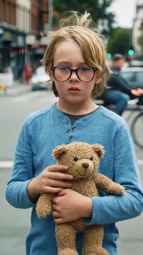 A Young Boy with Glasses Clutching a Teddy Bear Looks Lost and Worried while Standing Alone on a Busy City Street, Ideal for PSAs about Child Safety