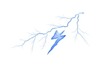 Intensely bright electric blue lightning bolt with intricate branching patterns, powerful luminous glow, isolated against pure seamless brilliant white background, uniform illumination, ultra