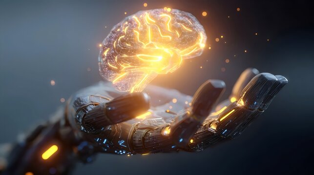 A futuristic robotic hand holds a glowing, digital brain, symbolizing AI and technology's integration with human intelligence. - Powered by Adobe