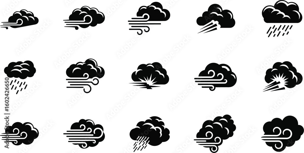 Poster vector art of a collection of wind and cloud icons representing various weather conditions