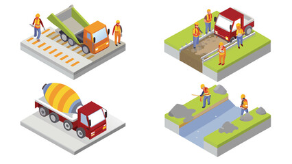 Isometric construction scenes showing workers with dump truck cement mixer and road and river maintenance work