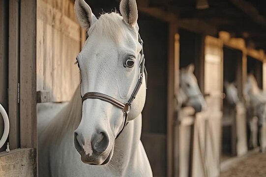 A beautiful white horse in the stables looking around at the lens.