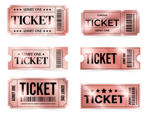 Collection of metallic golden rose tickets on a white background. Cinmea tickets, movie tickets, concert tickets, entrance tickets