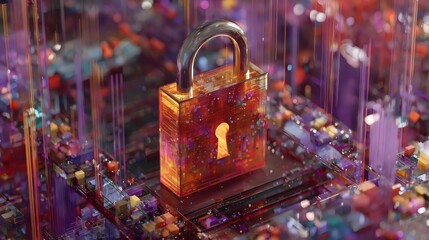 A vibrant digital lock, symbolizing cybersecurity, set amidst a colorful abstract background of circuitry and data flow.