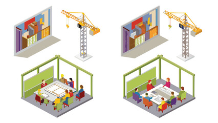 Isometric view showing construction site and meeting room with people discussing plans twice over view