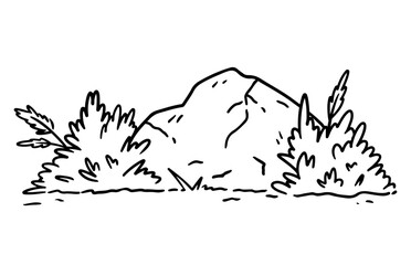 Stones in the grass and bushes isolated on a white background. Vector hand-drawn illustration in outline style. Landscape sketch. Perfect for cards, decorations, logo, various designs.