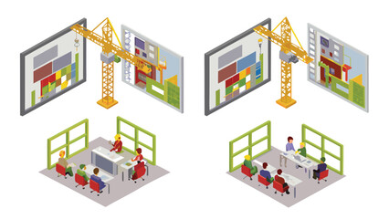 Isometric view of construction crane building interface and people in meeting rooms shown
