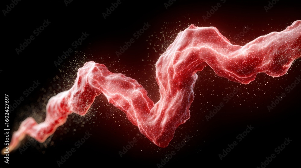 Poster red, fuzzy, wavy line with a lot of white specks. the line is red and white, and it is a part of a l