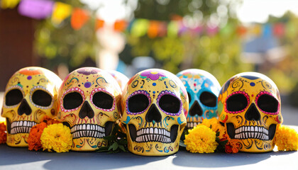 Colorful sugar skulls decorated with intricate designs are displayed alongside vibrant marigolds, celebrating the Day of the Dead.