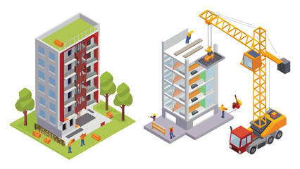 Isometric view of buildings under construction with crane and construction workers on the site shown here