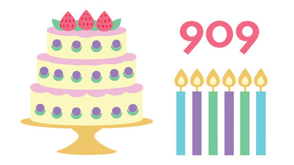 Three tier cake with strawberries and six colorful candles