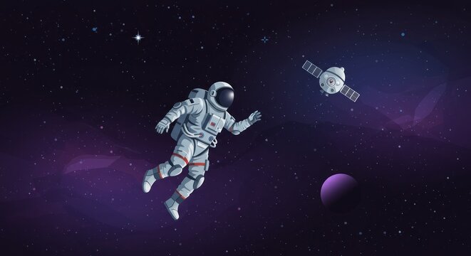 A lone astronaut floats through a vibrant galaxy towards a spacecraft and a purple planet, amidst twinkling stars and cosmic dust