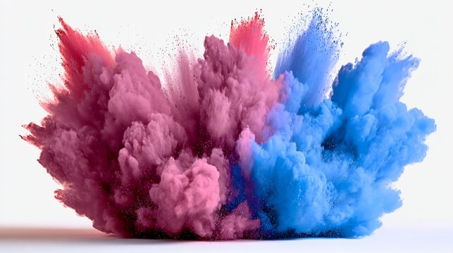 Colorful explosion of smoke and dust. The colors are red, blue, and purple. Scene is chaotic and intense