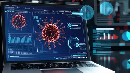 COVID-19 analysis: An innovative high-tech workstation displaying intricate data and analysis related to a viral strain, conveying scientific progress. - Powered by Adobe