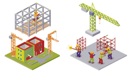 Isometric illustration of construction sites with workers cranes and building structures shown