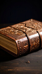 An ornate leather-bound ancient book with intricate designs rests on a dark surface, suggesting mystery and ancient knowledge.