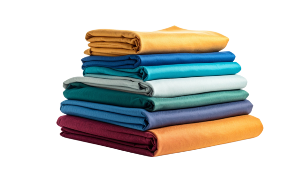  A harmonious visual of colorful textile stacks. The textiles evoke a sense of organized creativity. Capturing texture and hues for design isolated on solid white background Png form