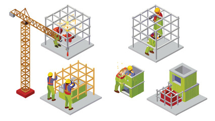 Isometric construction site showing workers building structures and using a crane for lifting tasks