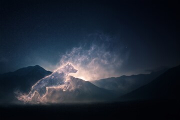 A celestial dog made of smoke and stardust jumps across the sky, casting a glow over distant mountains